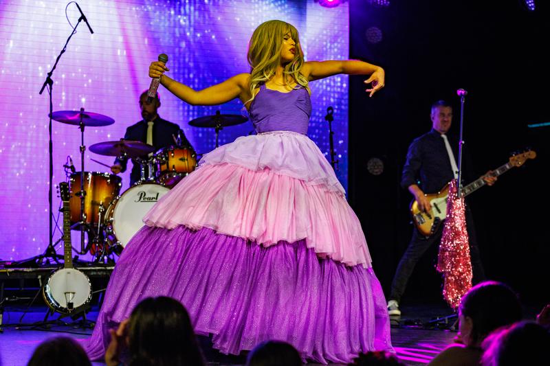 Pink ballgown on stage with the full band behind and the crowd in front